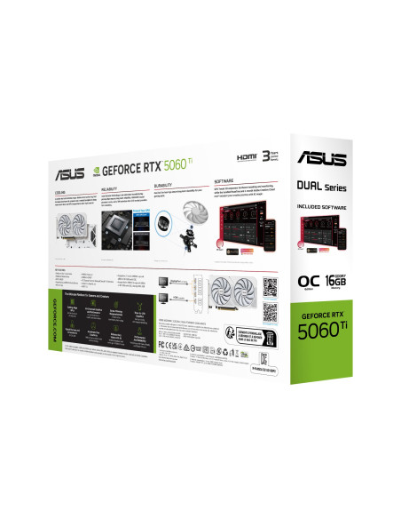 Graphics Card, ASUS, NVIDIA GeForce RTX 5060 Ti, 16 GB, GDDR7, 128 bit, PCIE 5.0 16x, Dual Slot Fansink, DUAL-RTX5060TI-O16G-WH