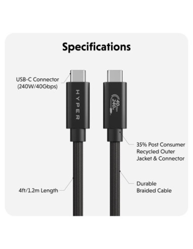 Hyper | HyperDrive Next USB4 Type-C Performance Cable, 1.2 m | HD6500BKGL